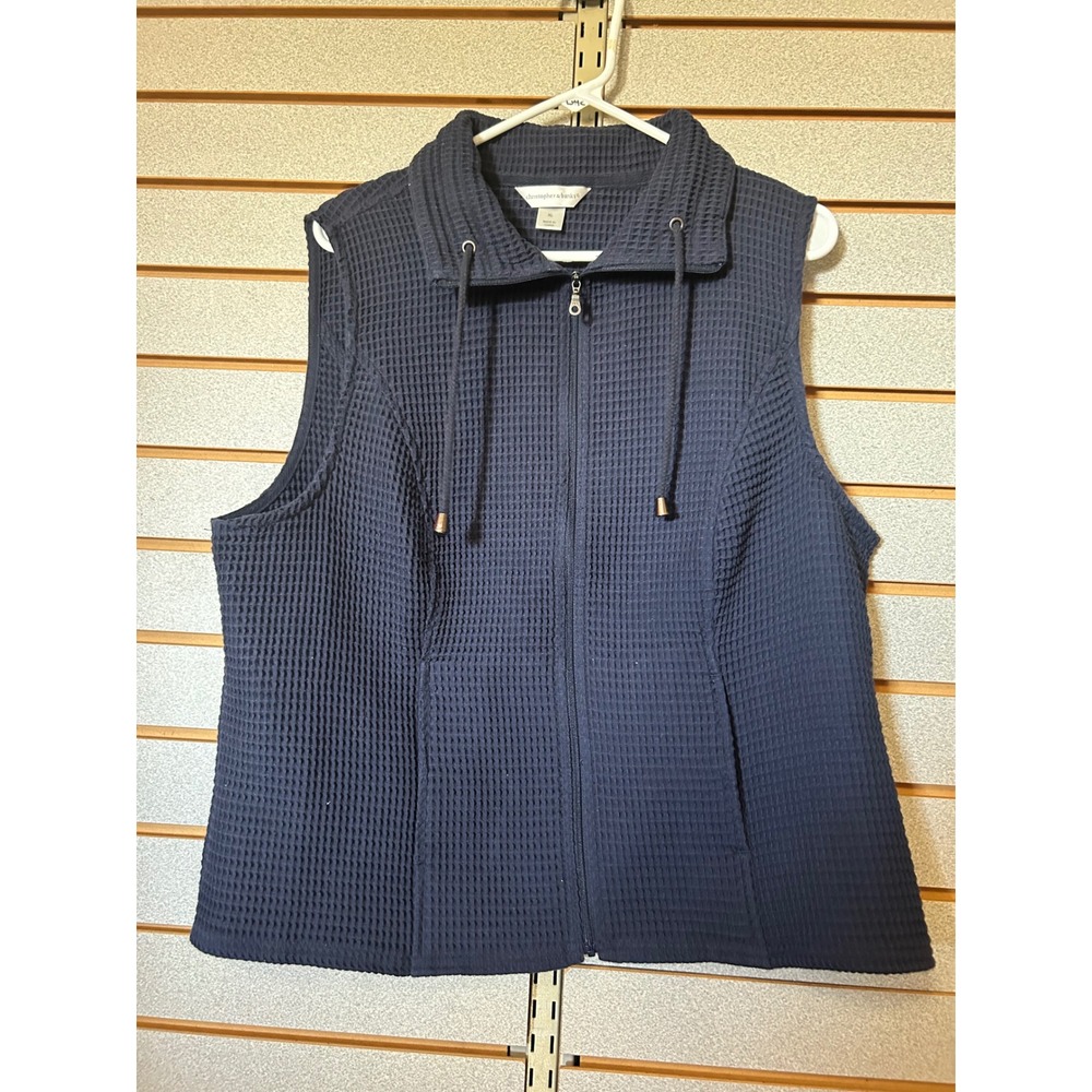 Christopher & Banks Navy Blue Waffle Knit Full Zip Vest XL Mock Neck Pockets
